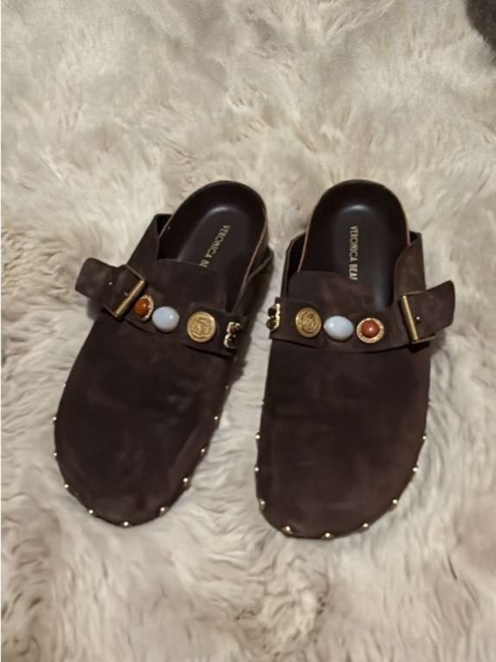 Veronica Beard Brown Suede Studded Mule Clogs with Decorative Gems